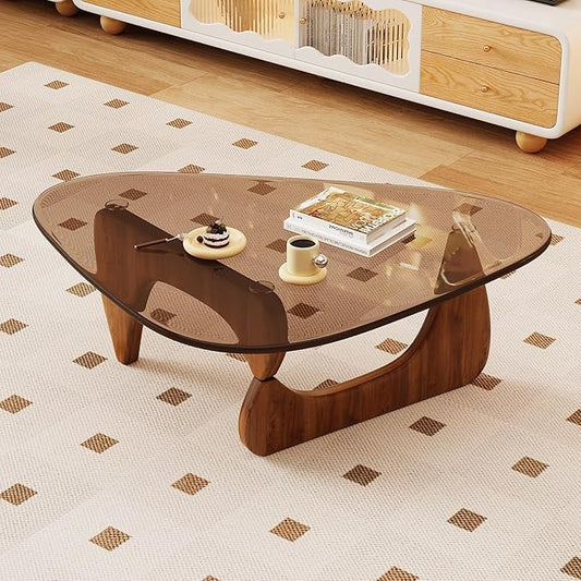 Glass Coffee Table for Living Room Mid Century Modern Triangle Center Table with Wooden Base, Brown/Walnut