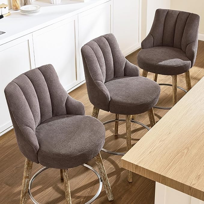 IWOOD Counter Height Bar Stools,Swivel Bar Stools with Backs,Barstools Set of 3,26'' Solid Wood Legs,Thick Seat Upholstered Linen Fabric Counter Height Stools in Grey