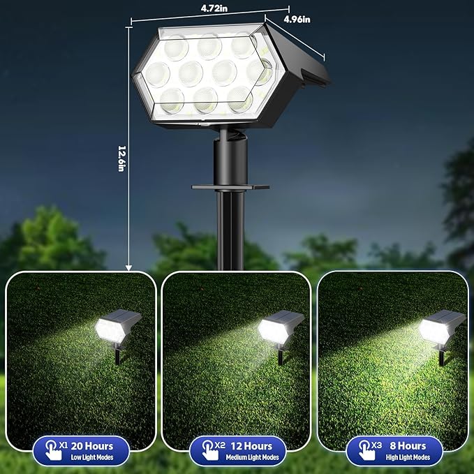 Kaxiida Solar Spot Lights Outdoor Waterproof IP68, 3 Modes & 25% Larger Panel 92 LED Solar Landscape Lights for Yard Pathway Patio Garden Decor (Cold White,4 Pack)