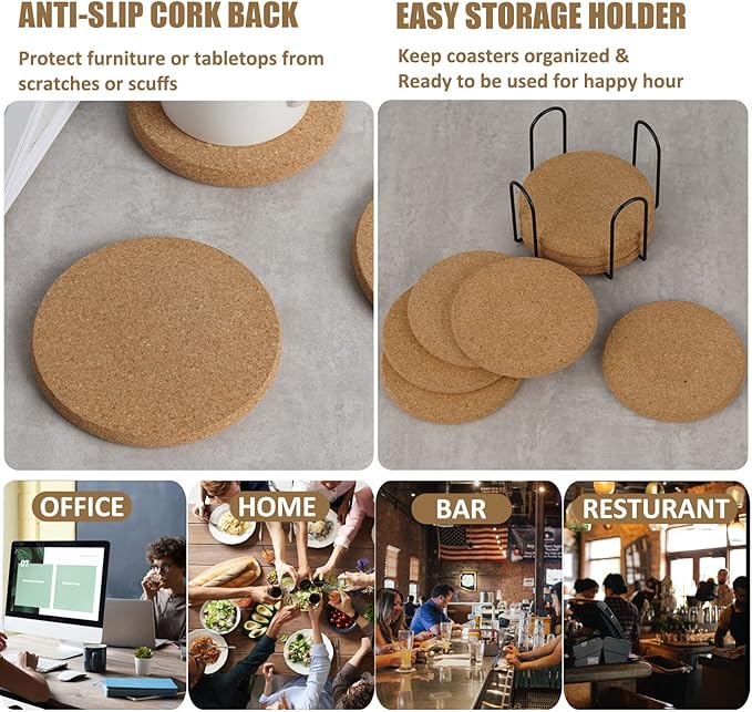 8 Pcs Drink Coasters with Holder, Thicker Cork Coasters for Drinks Absorbent for Coffee Table Wooden Coaster Set Tabletop Protection Cup Mat Bar Kitchen Living Room House Home Decor Housewarming Gift