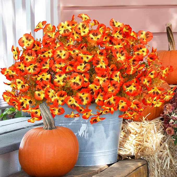 16 Bundles Artificial Fall Flowers for Outdoors Decoration, Fake Pansy Flowers UV Resistant Silk Faux Pansies Autumn Plants for Garden Window Box Patio Planter Porch Home Decor, Orange