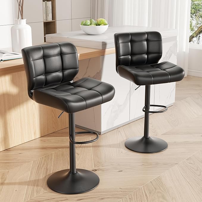Modern Bar Stools Set of 2, Faux Leather Upholstered Swivel Bar Stools, Adjustable Counter Height Bar Chairs with High Back and Footrest for Kitchen Island (Black)