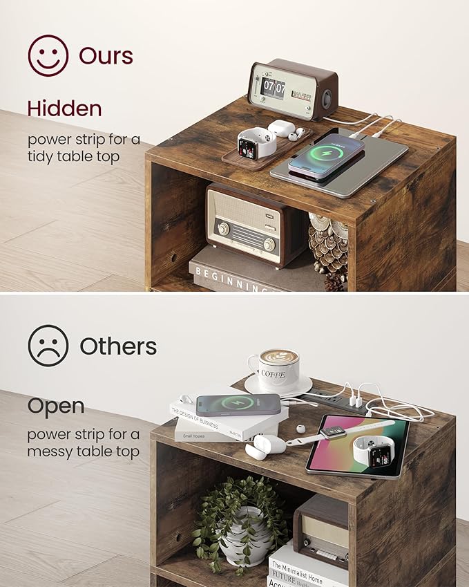 Record Player Stand, 3-Tier Side End Table with Charging Station, Turntable Stand Up to 160 Albums, Vinyl Storage Cabinet Dispaly Shelf for Living Room, Brown