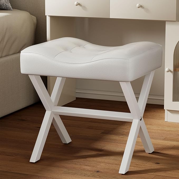 18-Inch Large Leather Vanity Stool, Vanity Chair with Metal X-Leg, Ottoman Accent Stool with Thick Padded Saddle Seat, White