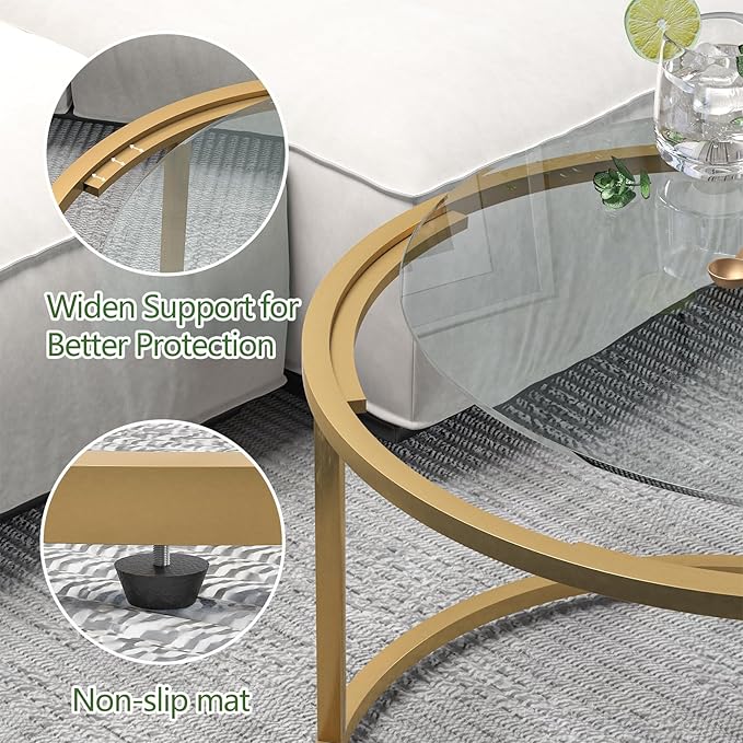 Round Glass Coffee Table,Small Living Room Table for Small Space,Modern Center Table with Glass Top Clear & Sturdy Metal Frame for for Living Room Home Office, Easy Assembly,27 x 27 x 17 Inch,Gold