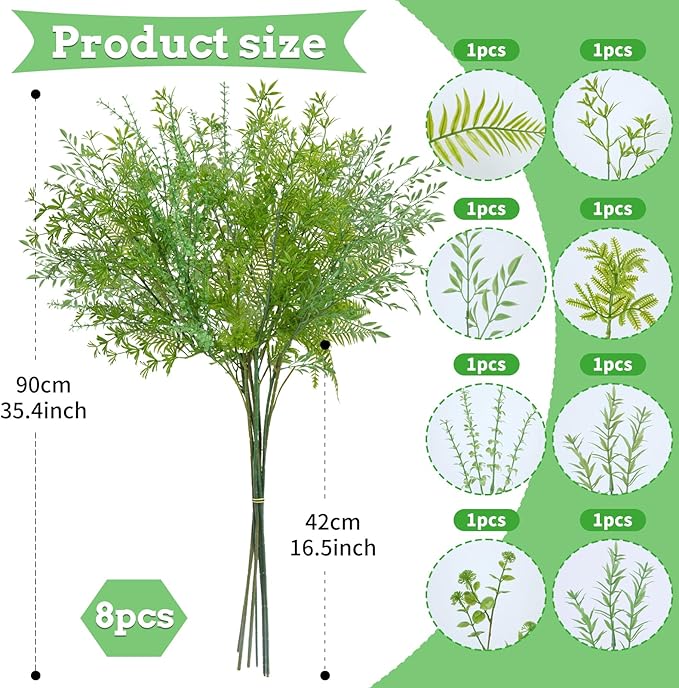 8PCS Artificial Greenery Stems,35''Faux Greenery Eucalyptus Fern Stems Picks for Floral Arrangements with 8 Kinds of Fake Plastic Plants Table Vase Filler Decor for Farmhouse Indoor Outdoor