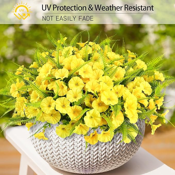 Artificial Flowers Outdoors 12 Bundles Yellow Artificial Petunias Fake Flowers UV Resistant Shrubs Plants with Fern for Indoor Outside Hanging Planters Home Garden Summer Decorations