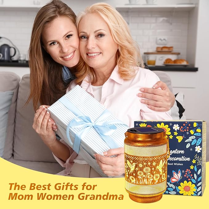 Gifts for Mom, Mom Gift Solar Lanterns Outdoor, Mother Birthday Gift from Daughter Son, Metal Solar Hanging Hummingbird Lights with Shepherd Hook for Outside Garden Yard Patio Pathway (2 Pack)