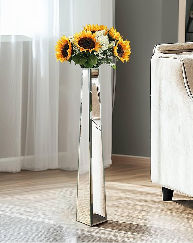 Tall Mirrored Floor Vase: 30.3 High Silver Mirror Vase with Hexagonal Shape, Large Floor-Standing Bling Decor for Living Room Wedding Centerpieces, Won't Hold Water
