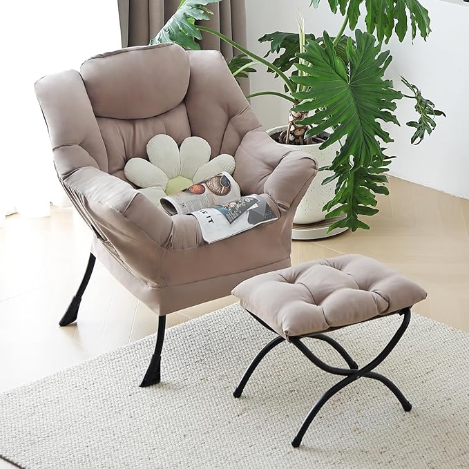 Welnow Lazy Chair with Ottoman, Modern Reading Lounge Accent Chair with Armrests and a Side Pocket, Leisure Upholstered Lazy Sofa Set with Footrest for Small Space, Khaki