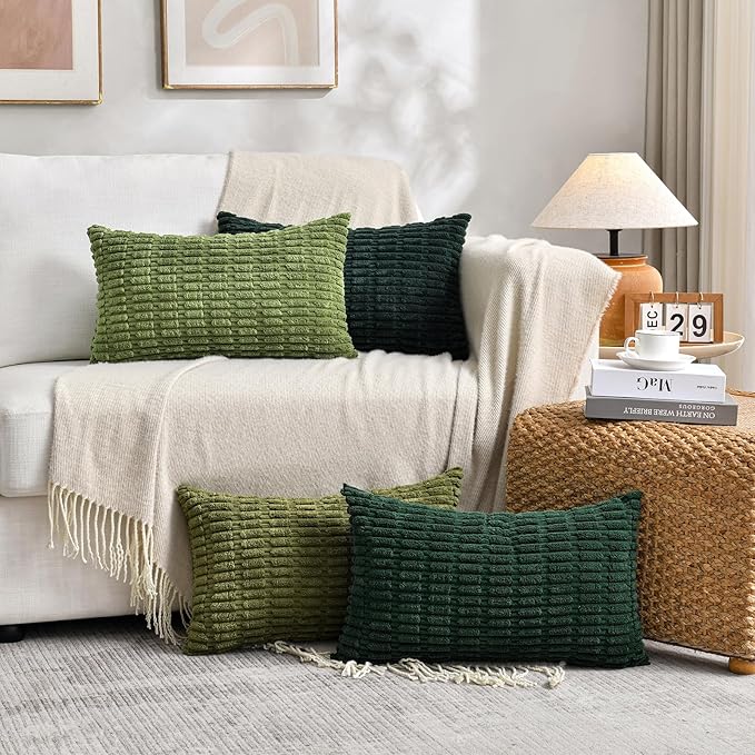 Fancy Homi Set of 4 Green Lumbar Rectangle Decorative Throw Pillow Covers 12x20 Inch for Couch Bed Chair, Aesthetic Boho Room Decor, Soft Fuzzy Thick Corduroy Textured Cushion Case 30x50cm
