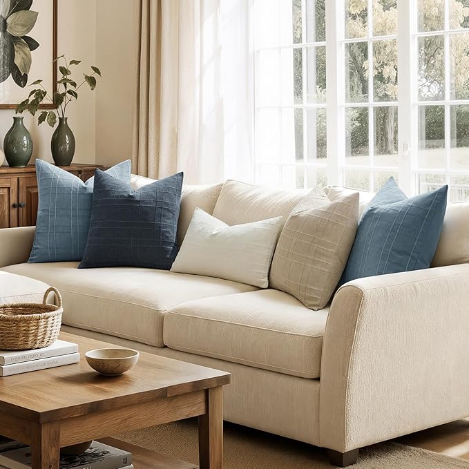 MIULEE Decorative Linen Check Throw Pillow Covers Neutral Farmhouse Vintage Pillow Covers 20x20 Set of 2 Boho Modern Home Decor for Sofa Couch Bedroom Cushion Deep Blue