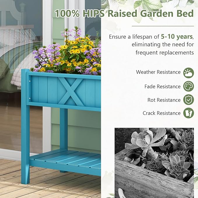 Giantex HIPS Raised Garden Bed, Elevated Planter Box w/Legs, Storage Shelf, Drainage Holes, Weather-Proof Standing Raised Beds for Backyard Porch Balcony Flower Herb (Blue, 44" x 18" x 29")
