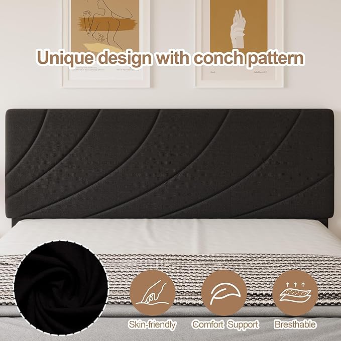 HOMBCK Full Size Bed Frame with Adiustable Headboard, Bed Frame Full with Linen Fabric Upholstered, Strong Wooden Slats, No Box Spring Needed, Noise Free, Easy Assembly, Black