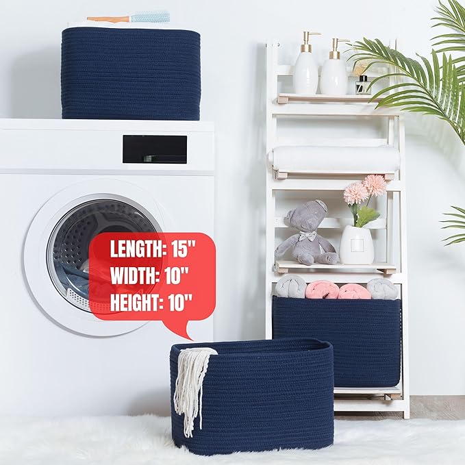 MINTWOOD Design 3-Pack Decorative Woven Storage Baskets for Shelves, Cube Bin Box for Organizing Books, Shoes, Dog Toys, Pantry Closet and Living Room Organizer, Navy Blue