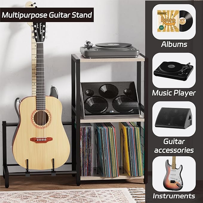 End Table with Guitar Stand,Record Player Stand,Vinyl Records Storage,2-Tier Guitar Stand for Acoustic,Turntable Stand for Music Studio,Grey