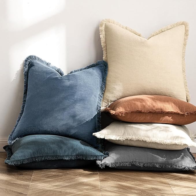 MIULEE Decorative Throw Pillow Covers Neutral Linen Fringe Throw Pillows Set of 2 Blue Ashes Boho Farmhouse Cushion Covers with Tassels for Couch Sofa Bed Home Decor 26x26 Inch