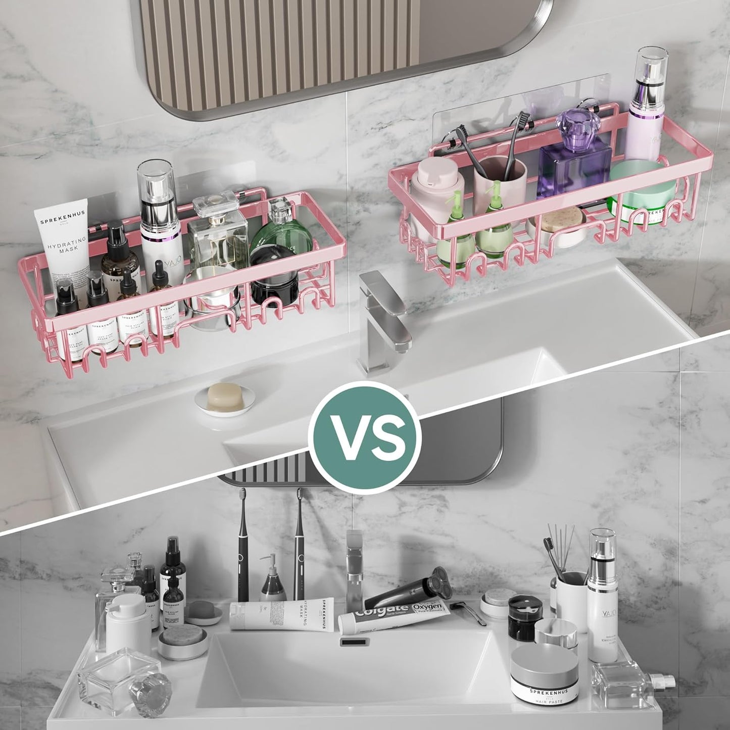 Veken Rustproof & Waterproof Shower Caddy 6-Pack, No Drilling Adhesive Shelves Rack with Soap Holder, Large Capacity Bathroom Organizers and Storage, Wall-Mounted Kitchen & Home Decor