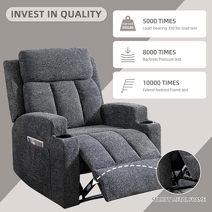 Phoenix Home Manual Recliner Chair Set of 2 with Massage and Heat, Ergonomic Overstuffed Breathable Fabric Recliner Single Sofa with 2 Cup Holders, Living Room Lounge Recliners on Clearance, Dark Gray