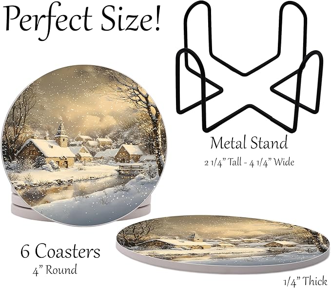 Winter Wintertime Snow Season Round Coasters Set of 6 - Abosrbent Ceramic Coasters with Metal Stand for Drinks, Coffee, Non-Slip Cork Back for Tabletop Protection, 4 Inches (Village)
