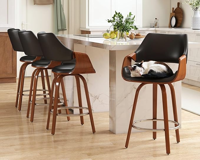 26’’ Modern Barrel Swivel Counter Stools Counter Height Swivel Bar Stools with Backs Set of 4 Black Faux Leather Upholstered Bar Height Island Chairs, Farmhouse Walnut Wood Barstool for Kitchen Island