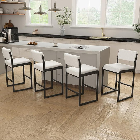 Mid Century Modern Counter Height Bar Stools Set of 3, 26" Bar Height Chairs with Backs, Upholstered Counter Stools, Metal Barstools for Kitchen Island (Beige- Fabric, 26" H - Set of 4)