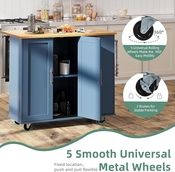Shintenchi Rolling Kitchen Island Cart with Folding Drop Leaf Breakfast Bar, Portable Trolley Island with Large Storage Cabinet, Shelf and Drawer, Blue