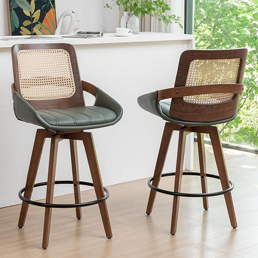 Counter Stools Set of 2 - 26.4 inch Counter Height Swivel Bar Stools with Cane Back, Curved Arms, Faux Leather Upholstered Seat, Counter Chairs for Island/Pub/Kitchen/Cafe (26" Seat Height, Green)