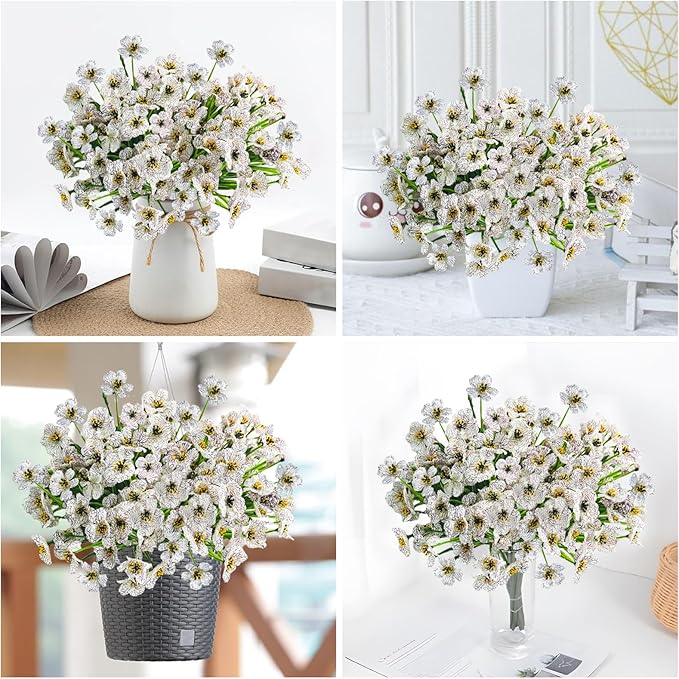 Krissing 48 Bundles Outdoor Artificial Flowers UV Resistant Fake Silk Flowers Faux Plastic Plants Outside Garden Porch Window Box Summer Decoration (White)