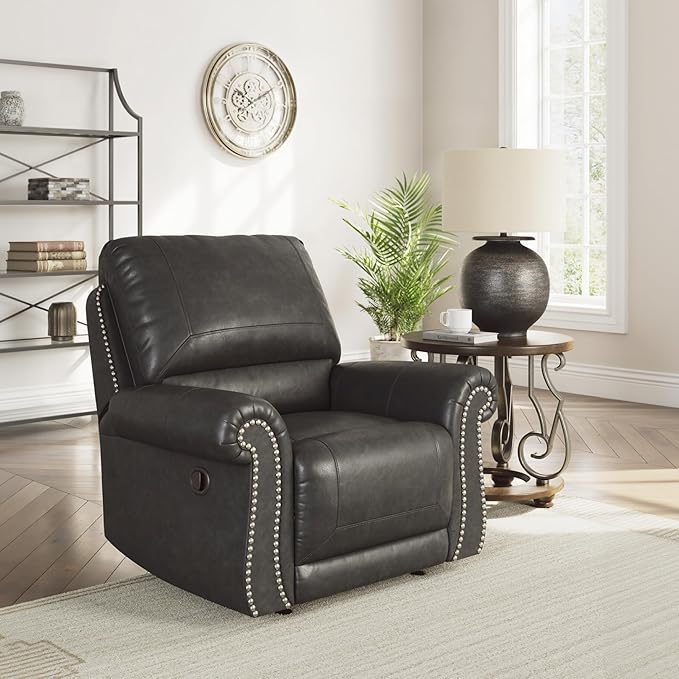 Signature Design by Ashley Chatterton Classic Faux Leather Manual Rocker Swivel Glider Recliner with Nailhead Trim, Black