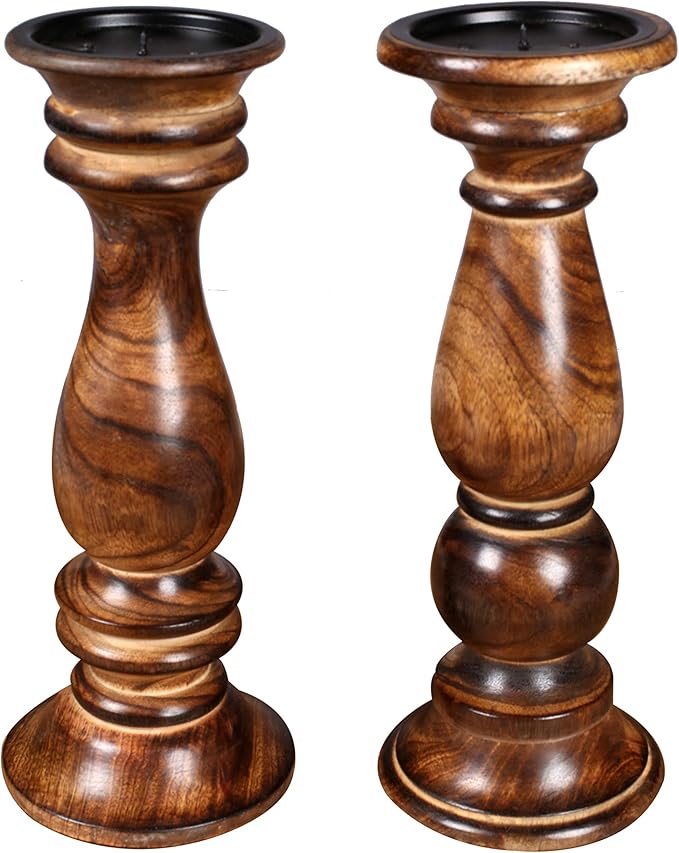 Set of 2 Tall Wooden Candle Holders (12"x4.5") in Rustic Burnt Finish. Perfect for Farmhouse Decor, Mantle, or Table Centerpiece. Holds Pillar Candles. Stylish, Sturdy, and Timeless Charm