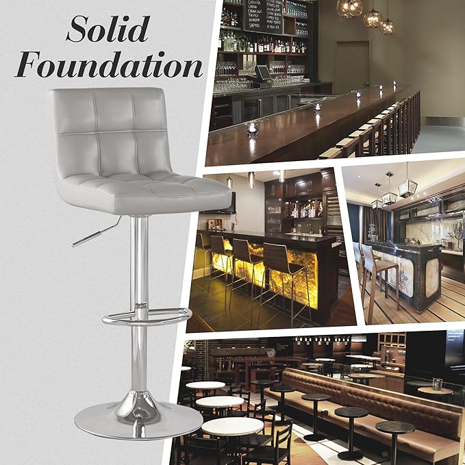 Modern PU Leather Bar Stools Set of 6, Adjustable Swivel Square Bar Chairs, Armless Counter Height Barstools with Back and Large Base for Island/Kitchen(Gray)