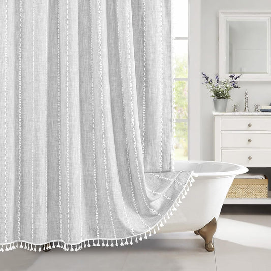 MitoVilla Boho Farmhouse Shower Curtains for Modern Farmhouse Bathroom Decor, Grey Country Thick Polyester Linen Fabric Shower Curtain, Rustic Tassel Cloth Shower Curtain, 72 x 72, Light Grey