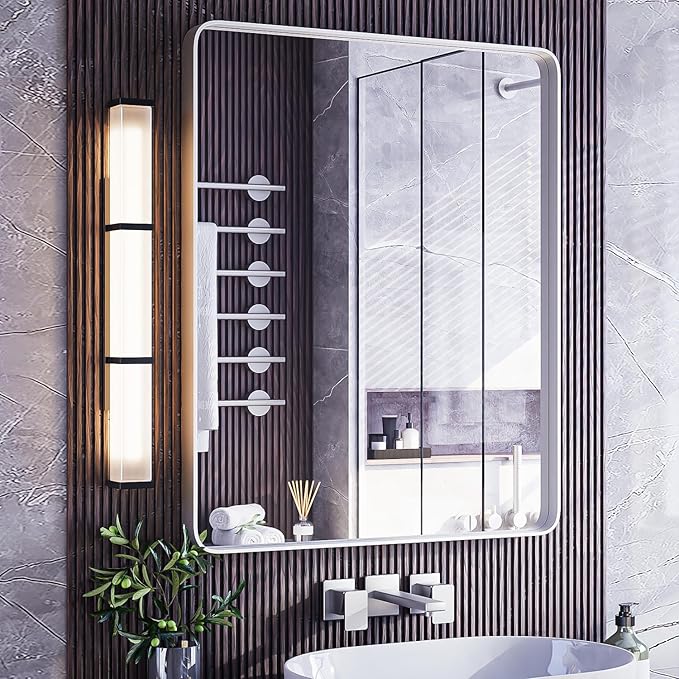 ISKM Silver Bathroom Mirror, 36 x 28 Inch Metal Rounded Rectangular Wall Mounted Mirror for Modern Minimalist Farmhouse Home Decor Hangs Horizontal Or Vertical