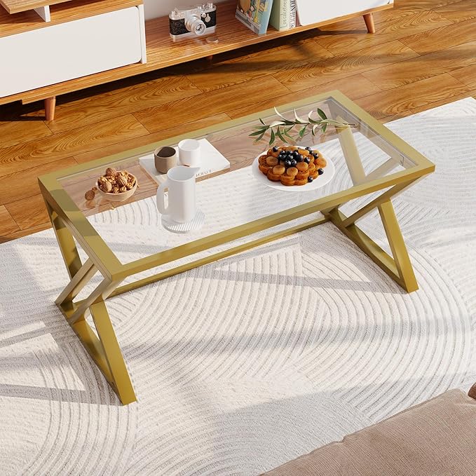 Coffee Table Gold Glass Coffee Table for Living Room,Modern Rectangular Center Table with Sturdy Metal Frame,Tempered Glass Table Tea Tables for Bedroom Home Office