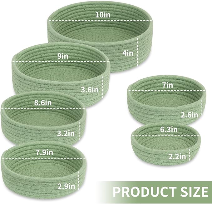 Small Shelf Storage Baskets for Organizing, 6 Pack Round Cotton Rope Bins, Decorative and Cute Woven Baskets for Bedroom and Closet, Key Tray Bowl, Home Decor Countertop Organizer (Green)