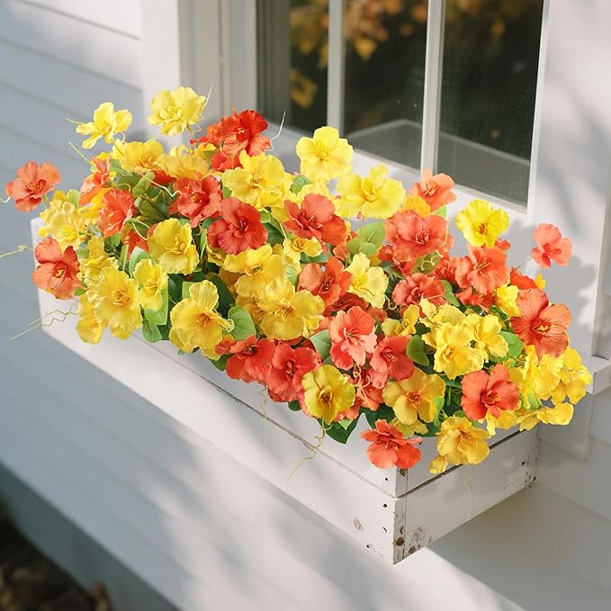 INSPRING Fake Fall Flowers Artificial Mums for Outdoors Autumn Decoration, Faux Silk Flowers Plants Realistic UV Resistant Tropical Flower Artificial for Outside Planter Patio (2MixHC, 6 Bundles)