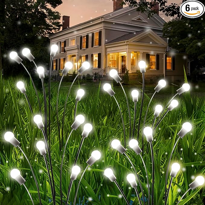 OZS 6 Pack Total 48 LED Solar Garden Lights Fairy Outdoor - Solar Firefly Lights Outdoor, Sway by Wind, Waterproof for Garden Patio Pathway Fairy Decoration (Cold White)