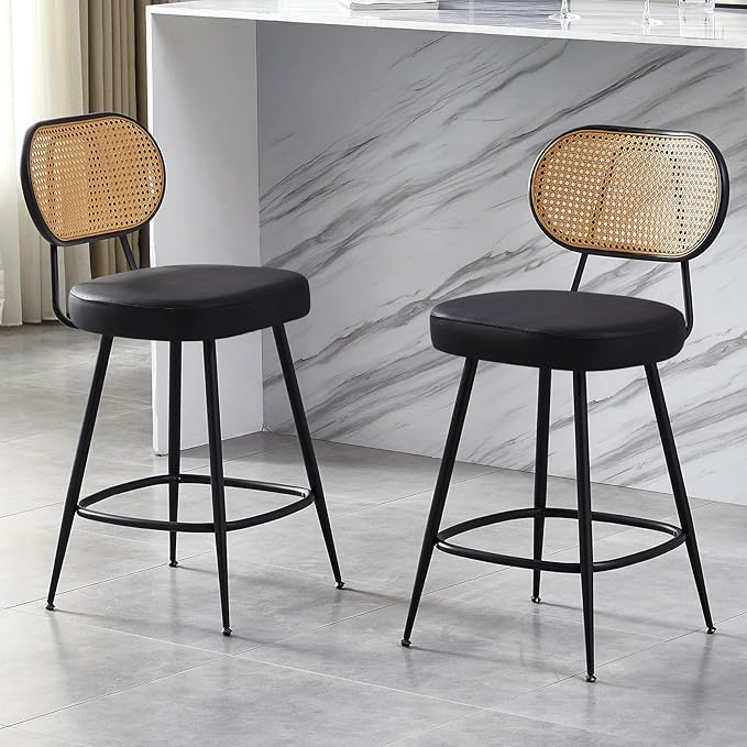 26" Rattan Barstools Set of 2, Counter Height Bar Chair with Black Metal Legs, Modern Armless PU Leather Pub Chair,Adjustable Feetpads Stools for Home Counter,Kitchen Dining Island,Cafe(Black)