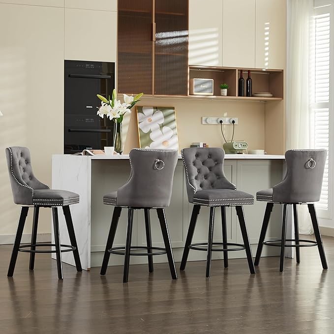 YISHENG Modern Swivel 27" H Seat Set of 2 Velvet Barstools with Backrest and Footrest,Button Tufted Rivet Trim Dining Room Chairs with Metal Pull Ring for Kitchen Island，Bistro, Home Bar，Gray