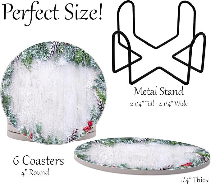 Winter Wintertime Snow Season Round Coasters Set of 6 - Abosrbent Ceramic Coasters with Metal Stand for Drinks, Coffee, Non-Slip Cork Back for Tabletop Protection, 4 Inches (Holly)