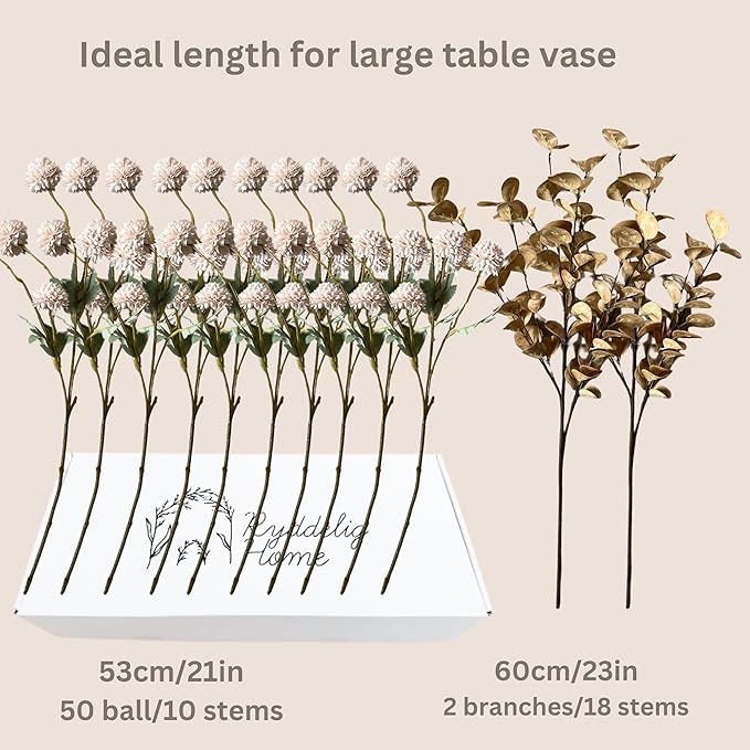 Beige Fake Flowers Silk 10 Stems With Eucalyptus, Faux Flowers For Vase, Artificial Mums Long Stem, Mini Faux Mums Flower Bulk, Tan Nude Cream Neutral Floral, Chrysanthemum Pom Pom Floral Arrangements