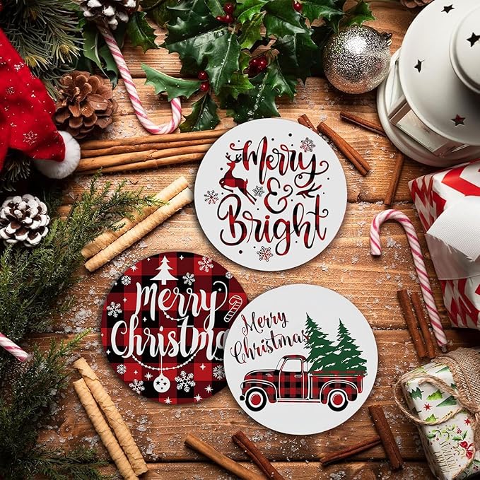 Christmas Absorbent Coasters with Holder Set of 6, Ceramic Stone with Cork Base, Red Buffalo Plaid Design Coaster for Drinks, Gift for Housewarming Room Bar Home Decor Kitchen