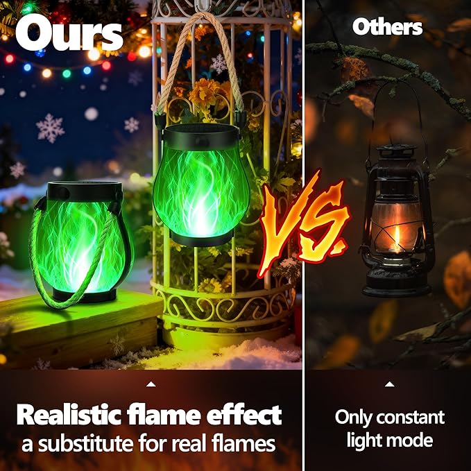 Christmas Solar Flame Lantern Hanging Outdoor Waterproof Purple - 2 Pack Flame Lanterns with Dual Charging Modes of Solar & USB for Garden or Yard Decorations (Green - 2 Pack)