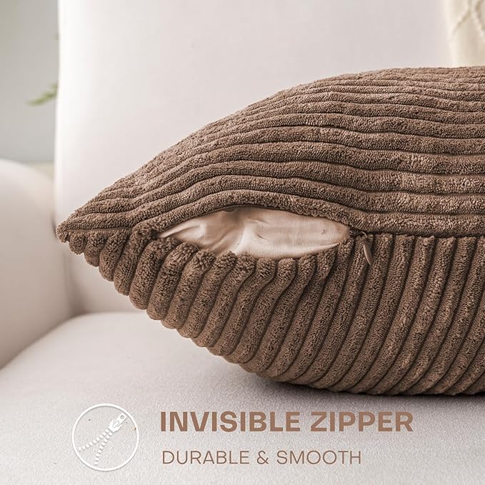 Decorative Throw Pillow Covers 18x18 Inch Set of 2 for Boho Living Room Farmhouse Home Decor, Spring Pillow Covers for Couch Bed, Soft Corduroy Striped Patchwork Cushion Cases, Terracotta