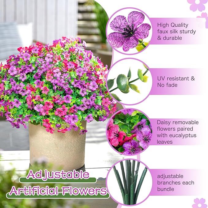 Artificial Flowers for Outdoors,Faux Flowers Daisy with Eucalyptus Leaves for Indoor Garden Home Decoration,UV Resistant Artificial Flower Fake Plants for Porch Patio, 12 Bundles (Purple Pink)
