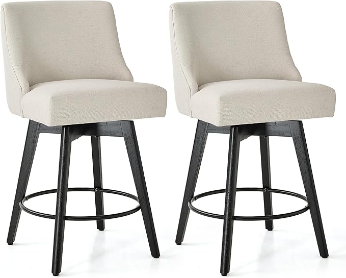 Vipbear Counter Height Bar Stools Set of 2, 26" H Swivel Bar Stools with Backs, Linen Fabric Upholstered Bar Chairs with Solid Wood Legs for Kitchen Island, Dining Room, Home Bar, White