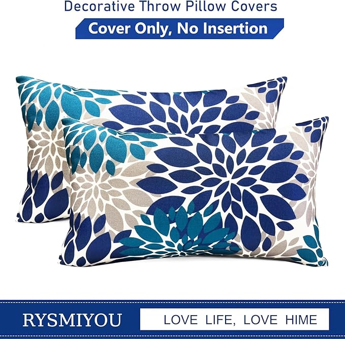 Decorative Throw Pillow Covers Set of 2 Blue Pillow Covers 12x20 Inch Couch Pillow Covers for Sofa Living Room Outdoor Throw Pillow Cover Linen Square Floral Flower Farmhouse Pillowcase