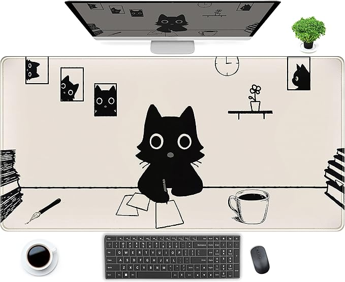 Aesthetic Beige White Anime Desk Mat Mouse Pad Cute Kawaii Minimalist Black Cartoon Cat XXL Large Extended Gaming Mousepad Desk Pad, PC Laptop Keyboard and Mouse Mat for Women Desk 31.5x15.75 in