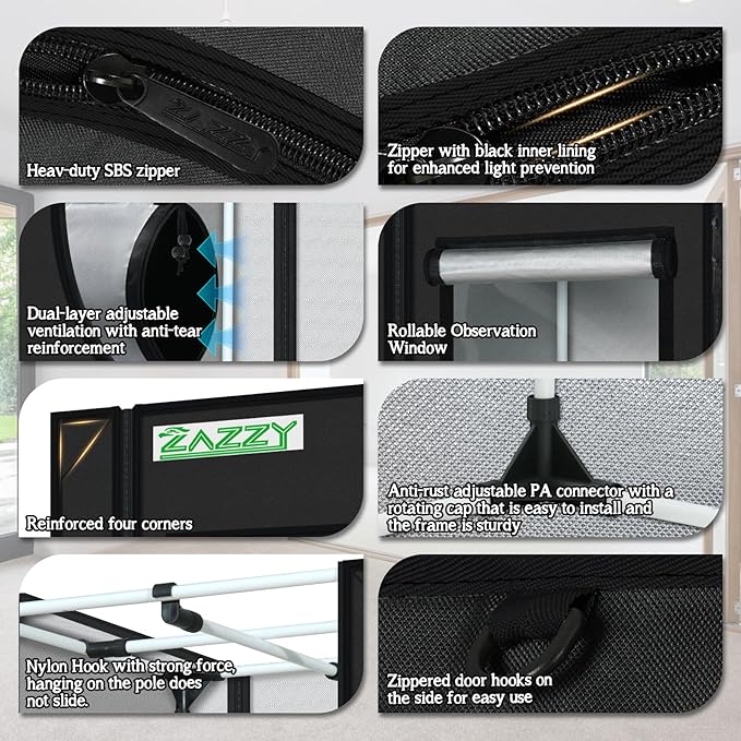 zazzy Grow Tent 60"x60"x78" Hydroponic Grow Tents Heavy Duty Dark Room Grow Reflective Mylar Grow Tent with Window & Floor Tray for Indoor Plant Growing